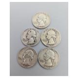 5 Silver Washington Quarters: 1953, 1956,