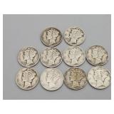 10 Mercury Dimes: 1944, 1943, 1942, 1938, 1940,