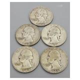 5 Silver Washington Quarters: 1951(S), 1964(D),