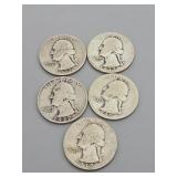 5 Silver Washington Quarters: 1937, 1937 (S),