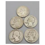 5 Silver Washington Quarters: 1964(D), 1942(S),