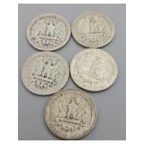 5 Silver Washington Quarters: 1963, 1941 (D),