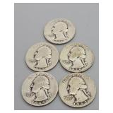 5 Silver Washington Quarters: 1943 (D), 1939,