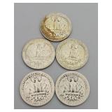 5 Silver Washington Quarters:1936, 1962 (D), 1