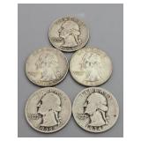 5 Silver Washington Quarters: 1964, 1959 (D),