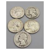 5 Silver Washington Quarters: 1964, 1941(S),