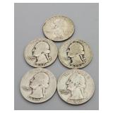 5 Silver Washington Quarters: 1962, 1934, 1940,