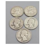 5 Silver Washington Quarters: 1952 (D), 1964 (