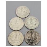 5 Silver Washington Quarters: 1964 (D), 1949,