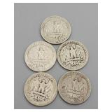 5 Silver Washington Quarters: 1943, 1955, 1938,