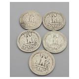 5 Silver Washington Quarters: 1940, 1942, 1953