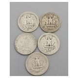 5 Silver Washington Quarters: 1964 (D), 1948 (