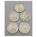 5 Silver Washington Quarters:1959 (D), 1949,