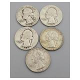 5 Silver Washington Quarters: 1936, 1964 (D),
