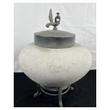Vintage Stone Pot w/ Metal Peacock Lid