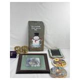 Slate Snowman Painting, Vtg Santa Print, Candle