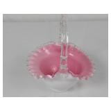 Fenton Cased Milk/Pink Glass Ruffled Basket 8in