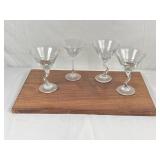Wood Tray w/ Crystal Martini Glass & 3 Other