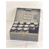 Hand Painted Metal Case w/ 11 Brown Bottles