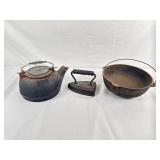 Antique Sad Iron, Cast Iron Kettle, & Cast Iron