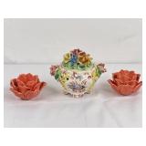 Vtg Italian Capodimonte Covered Dish & Flower T