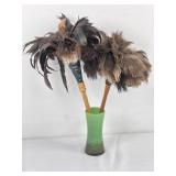 Green MCM Vase & 2 Vintage Feather Dusters
