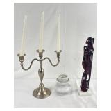 Wood Carved Women, Marble Candlestick Holder, &