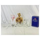 Decanter, Crown Royal Tin, and Glasses.