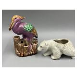 Vtg Japanese Pottery Pelican Flower Holder &
