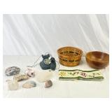 Minerals, Shells, Basket, Wood Bowl, & Telephone