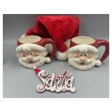 2 Santa Mugs, 'Santa' Ornament, & Santa Hat