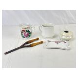 Hair Iron, Ash Tray, Shaving Cups & Hair Dish.