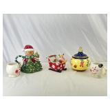 Christmas Themed Cookie Jars, Mugs & Sled.