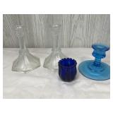 Clear & Blue Glass Candle/Candle Stick Holders