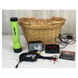Basket, 2 Alarm Clocks, Flashlight, & Misc Cords