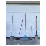 Shovels, Broom, Rake, and Splitting Maul.