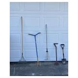 Lead Rakes, Garden Claw, Shovel, Pallet Pry Bar.