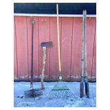 Post Hole Digger, Axe, Chimney Brush. & Rake.