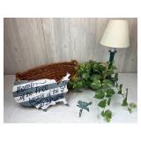 Green Table Lamp, Large Basket, Bird Hook, &