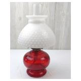 Vtg Rudy Red Glass Oil Lamp w/ Milk Glass Shade