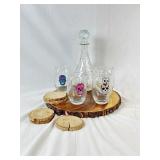 Decanter, 4 Glasses, Wood Tray, Wood Coasters