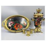 Vintage Russian Samovar, Tray, & 3 Cups