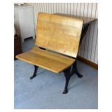 Antique Wooden School Desk W/Cast-Iron Legs