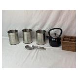 Rotating Stainless Utensil Organizer, & Teapot
