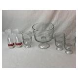 Punch Bowl, Glasses, & Plastic Wine Glasses.