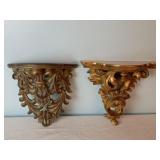 2 Gold Colored Ornate Wall Bracket Shelves