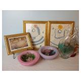 Framed Wall Art, Decanters & Wax Pottery Vessels