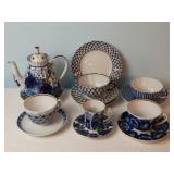 Russian Blue and Gold Tea Pot & Cups