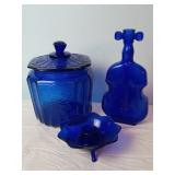 Vintage Blue Glass Jar, Guitar Vase & Candle