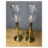 Pair VTG Brass Base, Crystal Torchiere Table Lamps